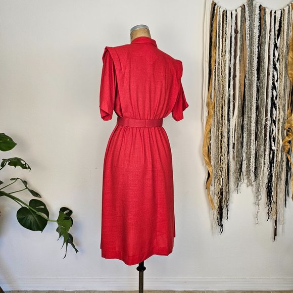 80's Vintage Red Midi Dress with Belt _ Rhodes Collections Inc - Picture 5 of 9